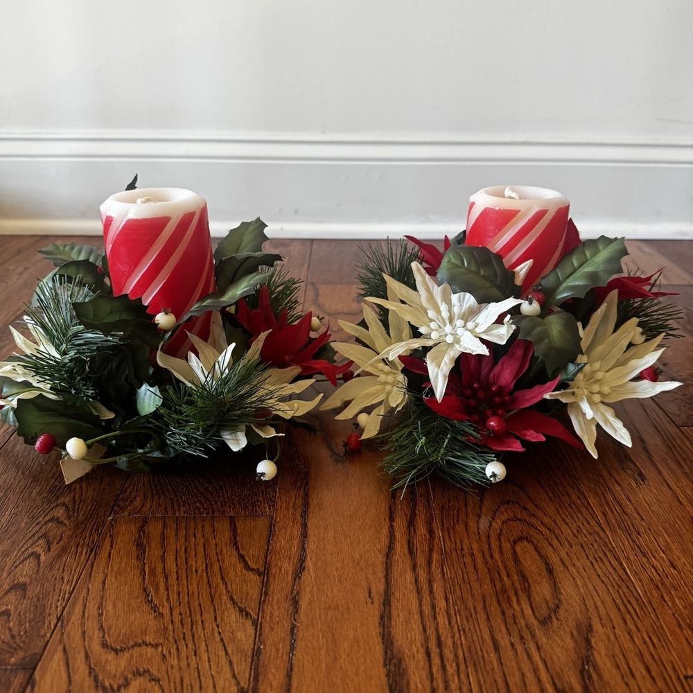 Vintage Christmas Candle Rings and Candy Cane Pillar Candles Set of 2 Red White